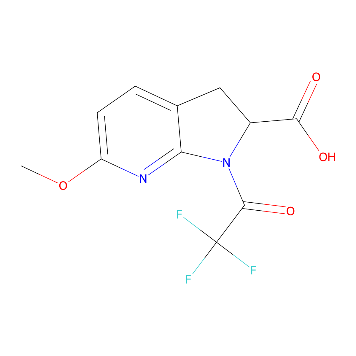 6-methoxy-1-(2,2,2-trifluoroacetyl)-1H,2H,3H-pyrrolo[2,3-b]pyridine-2-carboxylic acid molecular structure, CAS 2680619-07-0
