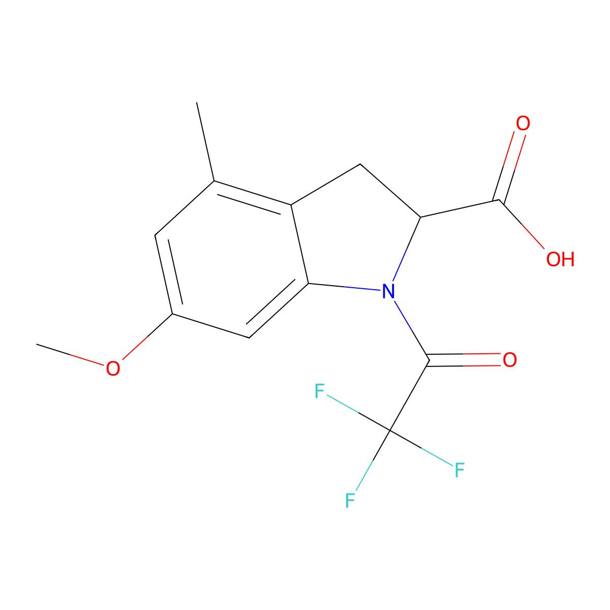 6-methoxy-4-methyl-1-(2,2,2-trifluoroacetyl)-2,3-dihydro-1H-indole-2-carboxylic acid molecular structure, CAS 2680619-77-4