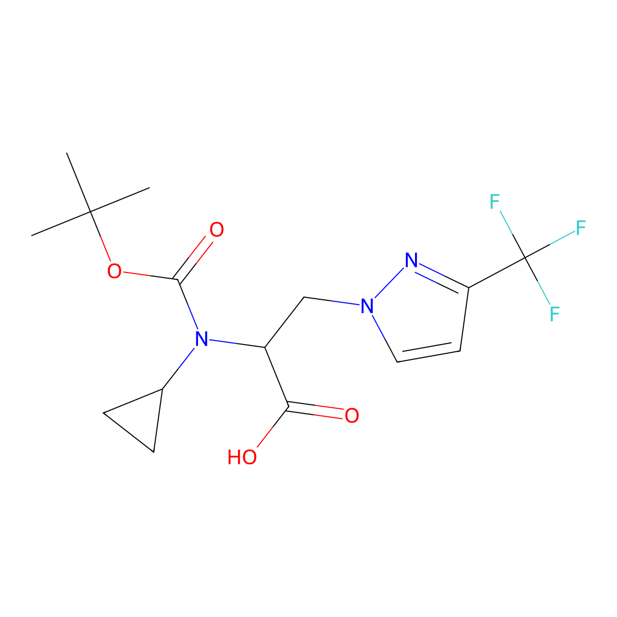 2-{[(tert-butoxy)carbonyl](cyclopropyl)amino}-3-[3-(trifluoromethyl)-1H-pyrazol-1-yl]propanoic acid molecular structure, CAS 2680624-25-1