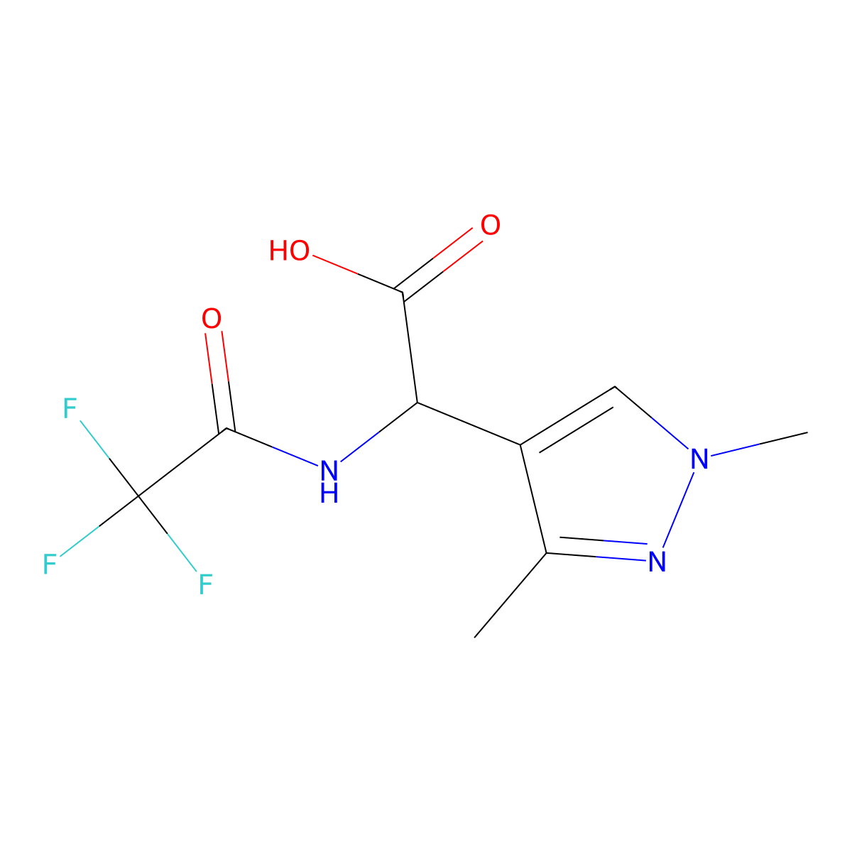2-(1,3-dimethyl-1H-pyrazol-4-yl)-2-(2,2,2-trifluoroacetamido)acetic acid molecular structure, CAS 2680625-19-6