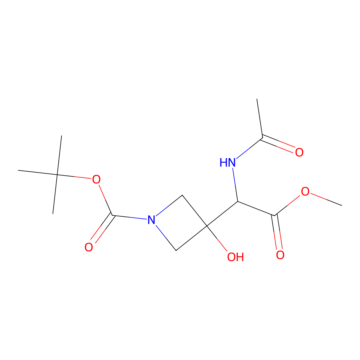 Tert-butyl 3-(1-acetamido-2-methoxy-2-oxoethyl)-3-hydroxyazetidine-1-carboxylate molecular structure, CAS 2680625-53-8