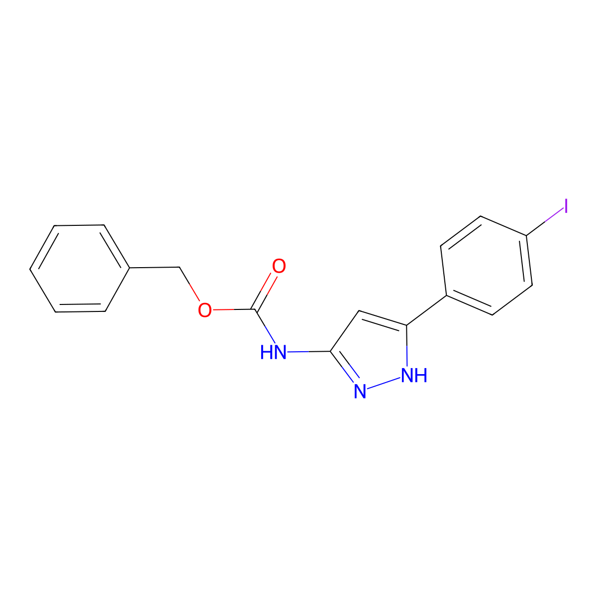 benzyl N-[5-(4-iodophenyl)-1H-pyrazol-3-yl]carbamate molecular structure, CAS 2680625-58-3