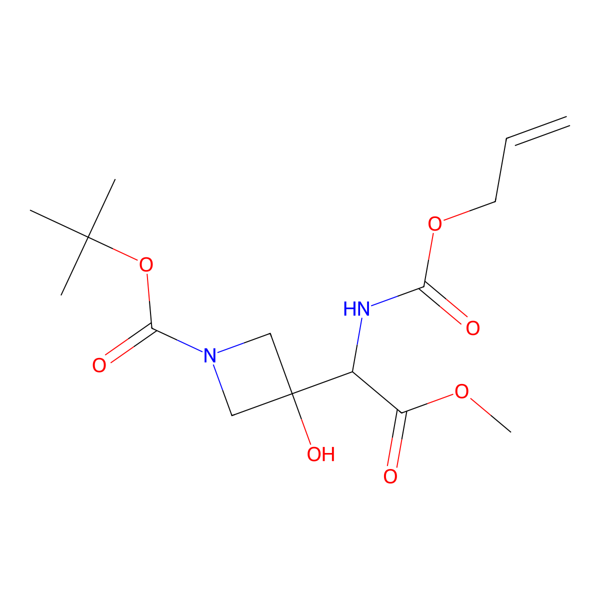 Tert-butyl 3-hydroxy-3-(2-methoxy-2-oxo-1-{[(prop-2-en-1-yloxy)carbonyl]amino}ethyl)azetidine-1-carboxylate molecular structure, CAS 2680625-95-8