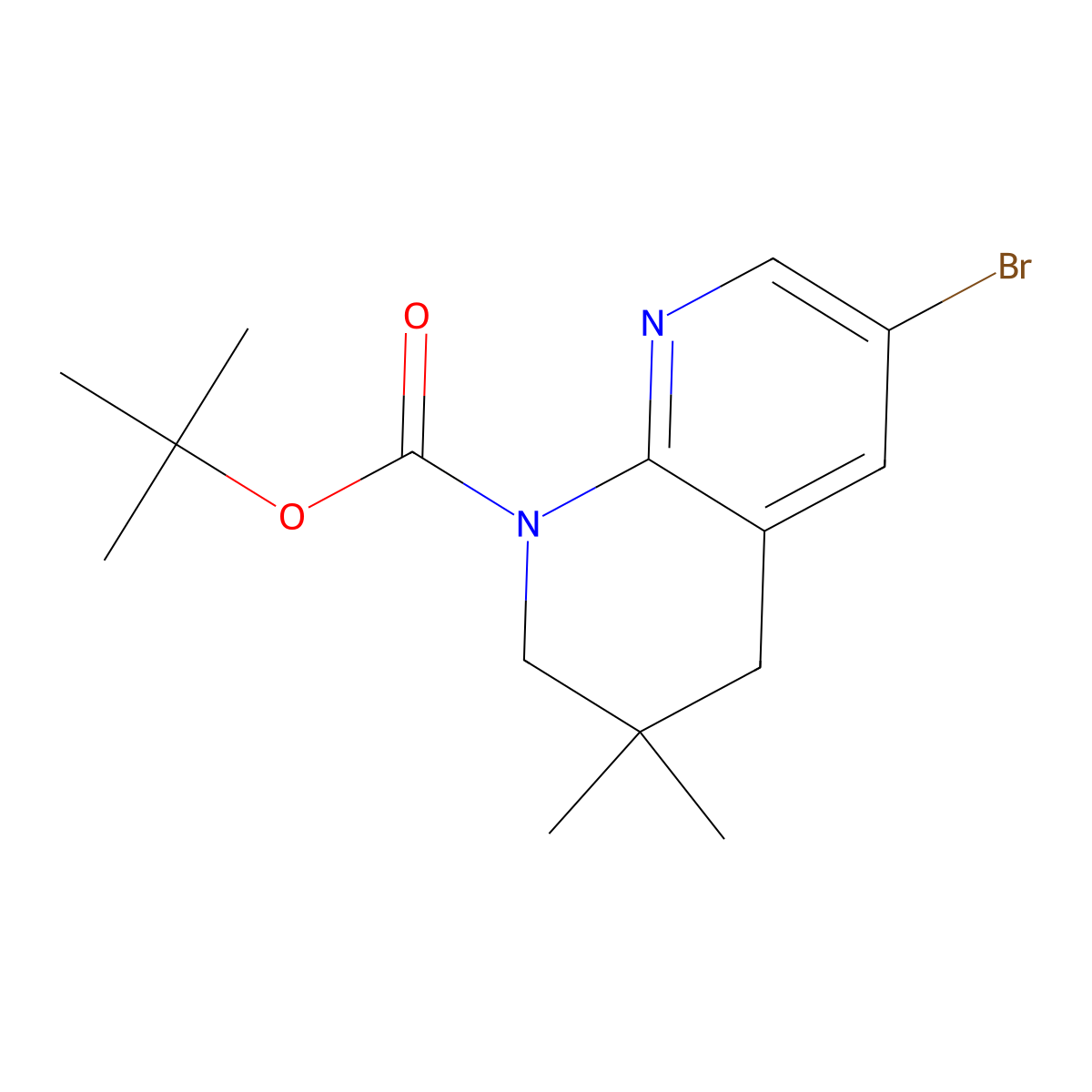 Tert-butyl 6-bromo-3,3-dimethyl-1,2,3,4-tetrahydro-1,8-naphthyridine-1-carboxylate molecular structure, CAS 2680626-26-8