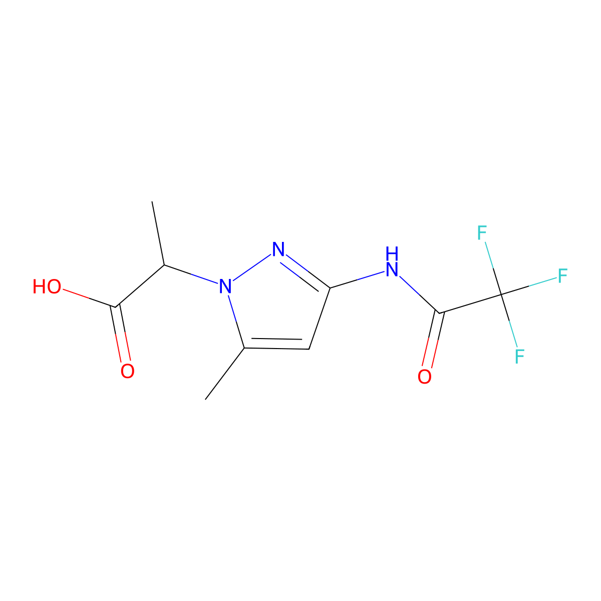 2-[5-methyl-3-(2,2,2-trifluoroacetamido)-1H-pyrazol-1-yl]propanoic acid molecular structure, CAS 2680627-09-0