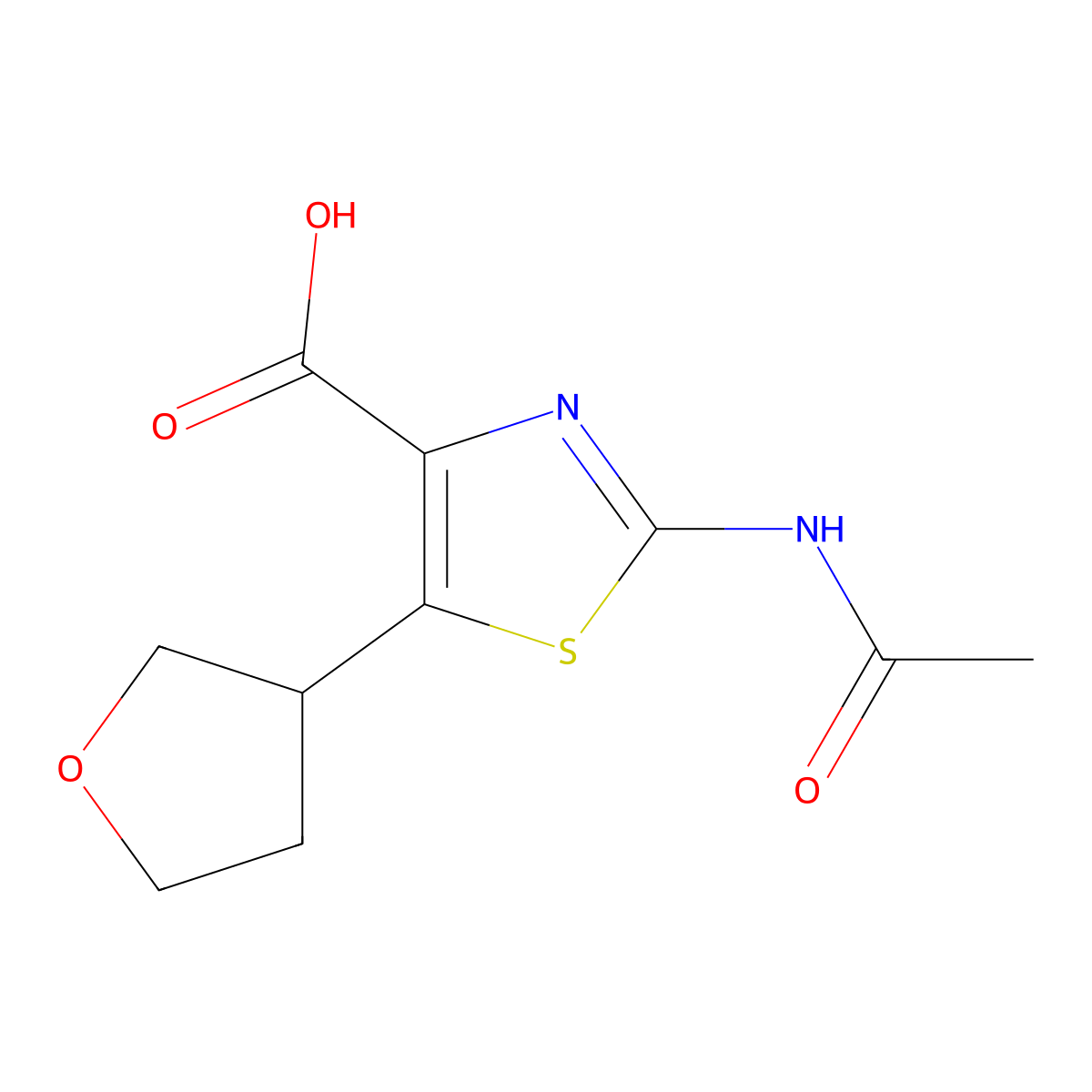 2-Acetamido-5-(oxolan-3-yl)-1,3-thiazole-4-carboxylic acid molecular structure, CAS 2680647-04-3
