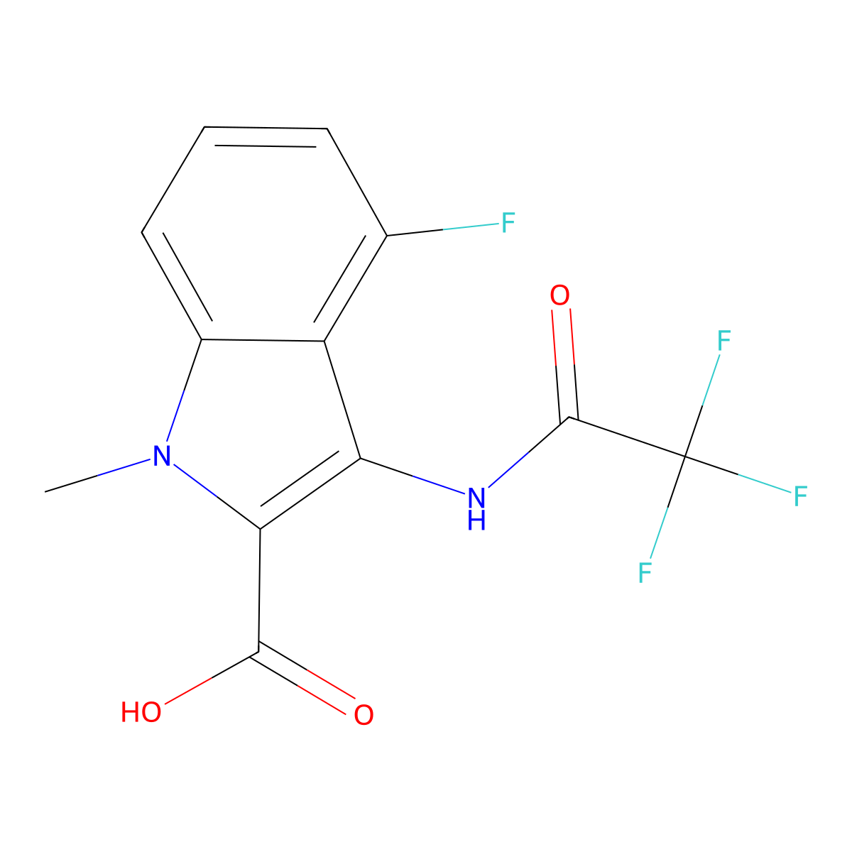 4-fluoro-1-methyl-3-(2,2,2-trifluoroacetamido)-1H-indole-2-carboxylic acid molecular structure, CAS 2680648-37-5