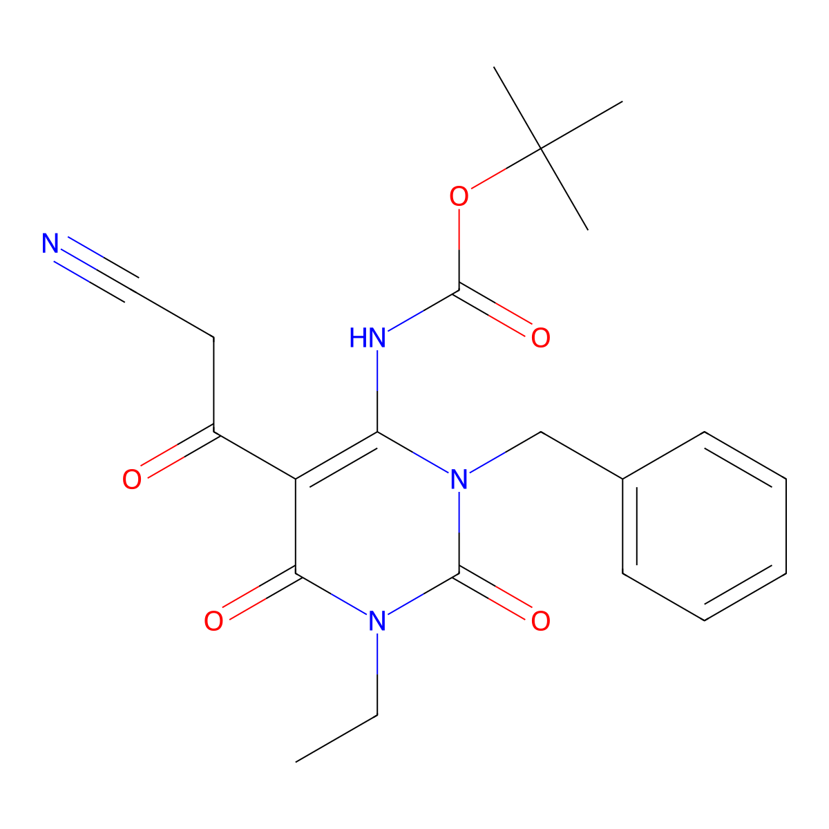 tert-butyl N-[3-benzyl-5-(2-cyanoacetyl)-1-ethyl-2,6-dioxo-1,2,3,6-tetrahydropyrimidin-4-yl]carbamate molecular structure, CAS 2680648-72-8