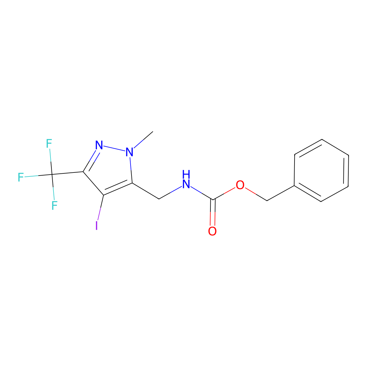 benzyl N-{[4-iodo-1-methyl-3-(trifluoromethyl)-1H-pyrazol-5-yl]methyl}carbamate molecular structure, CAS 2680648-89-7