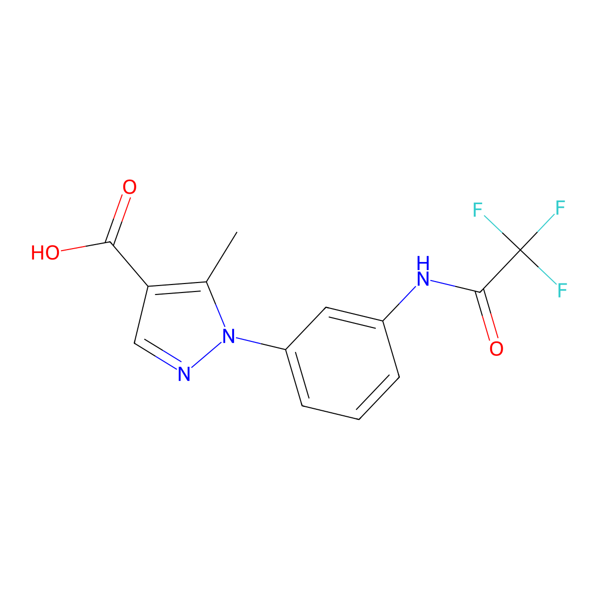 5-methyl-1-[3-(2,2,2-trifluoroacetamido)phenyl]-1H-pyrazole-4-carboxylic acid molecular structure, CAS 2680659-18-9