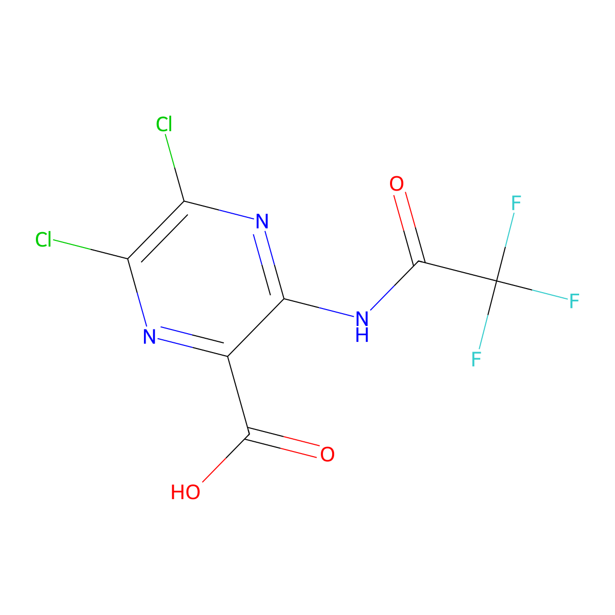 5,6-Dichloro-3-(2,2,2-trifluoroacetamido)pyrazine-2-carboxylic acid molecular structure, CAS 2680660-54-0