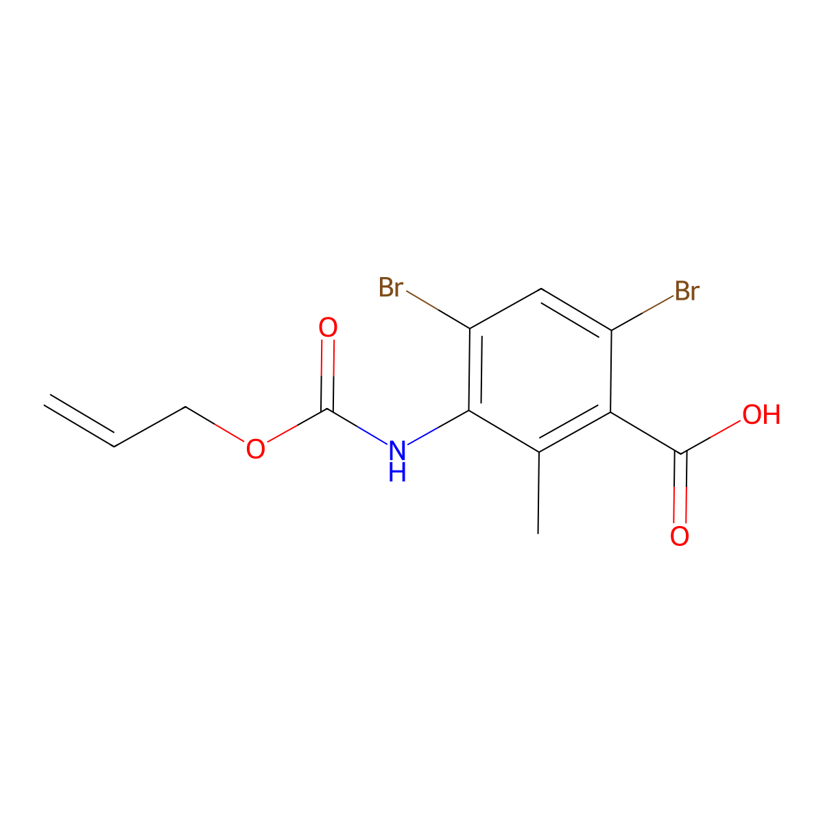 4,6-Dibromo-2-methyl-3-{[(prop-2-en-1-yloxy)carbonyl]amino}benzoic acid molecular structure, CAS 2680661-28-1