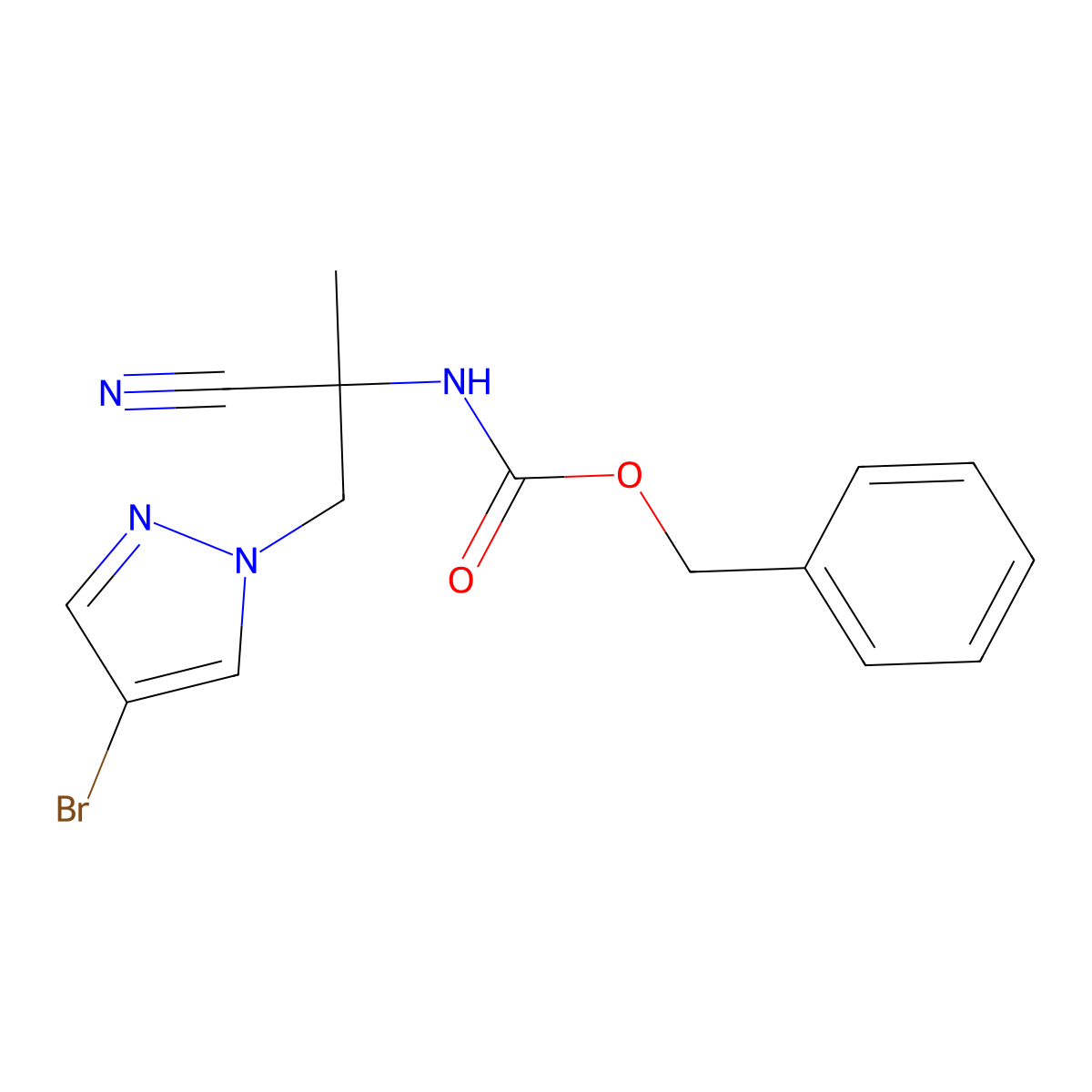 benzyl N-{1-[(4-bromo-1H-pyrazol-1-yl)methyl]-1-cyanoethyl}carbamate molecular structure, CAS 2680661-75-8