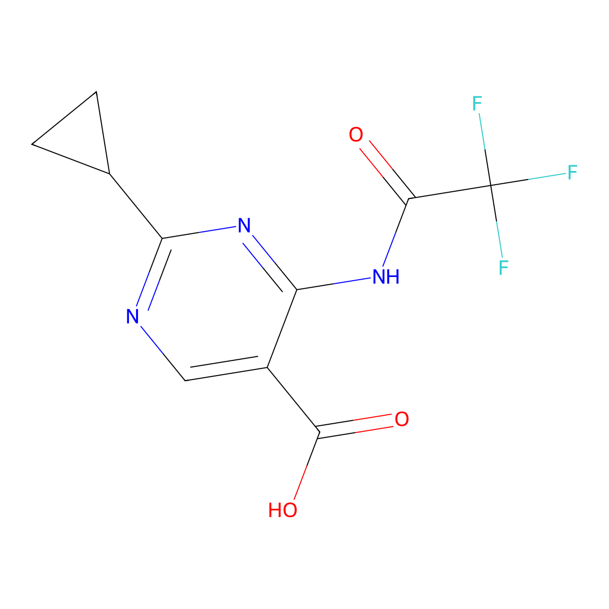 2-Cyclopropyl-4-(2,2,2-trifluoroacetamido)pyrimidine-5-carboxylic acid molecular structure, CAS 2680661-94-1