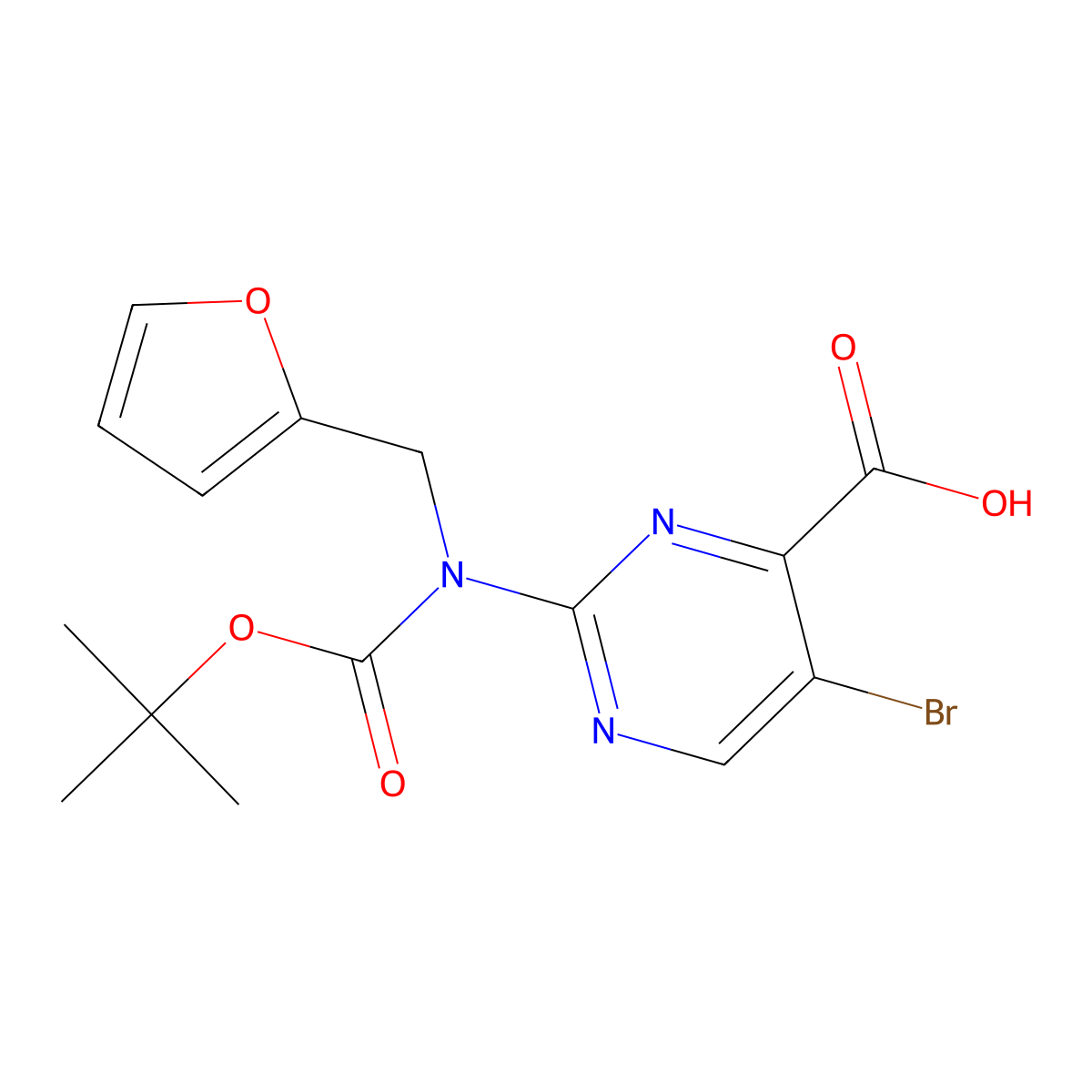 5-Bromo-2-{[(tert-butoxy)carbonyl][(furan-2-yl)methyl]amino}pyrimidine-4-carboxylic acid molecular structure, CAS 2680662-64-8