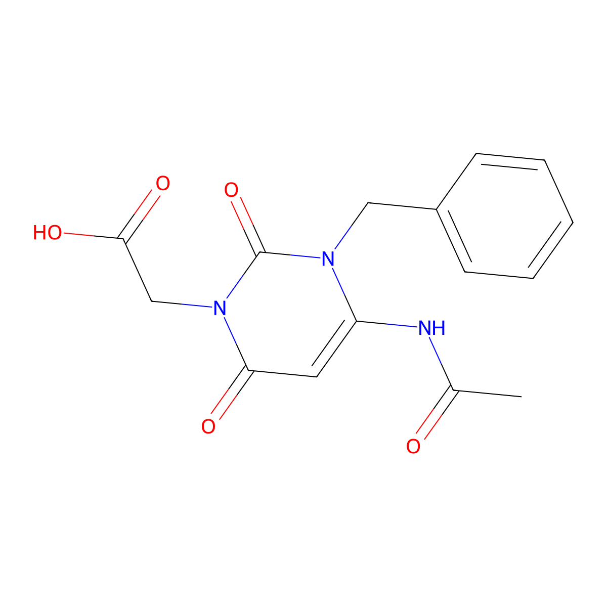 2-(3-Benzyl-4-acetamido-2,6-dioxo-1,2,3,6-tetrahydropyrimidin-1-yl)acetic acid molecular structure, CAS 2680663-20-9