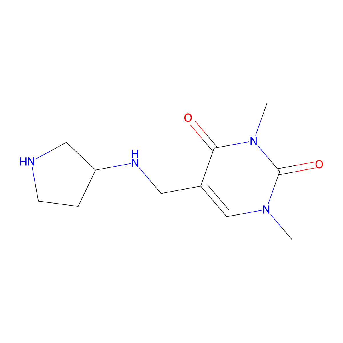 1,3-Dimethyl-5-{[(pyrrolidin-3-yl)amino]methyl}-1,2,3,4-tetrahydropyrimidine-2,4-dione molecular structure, CAS 2680663-31-2