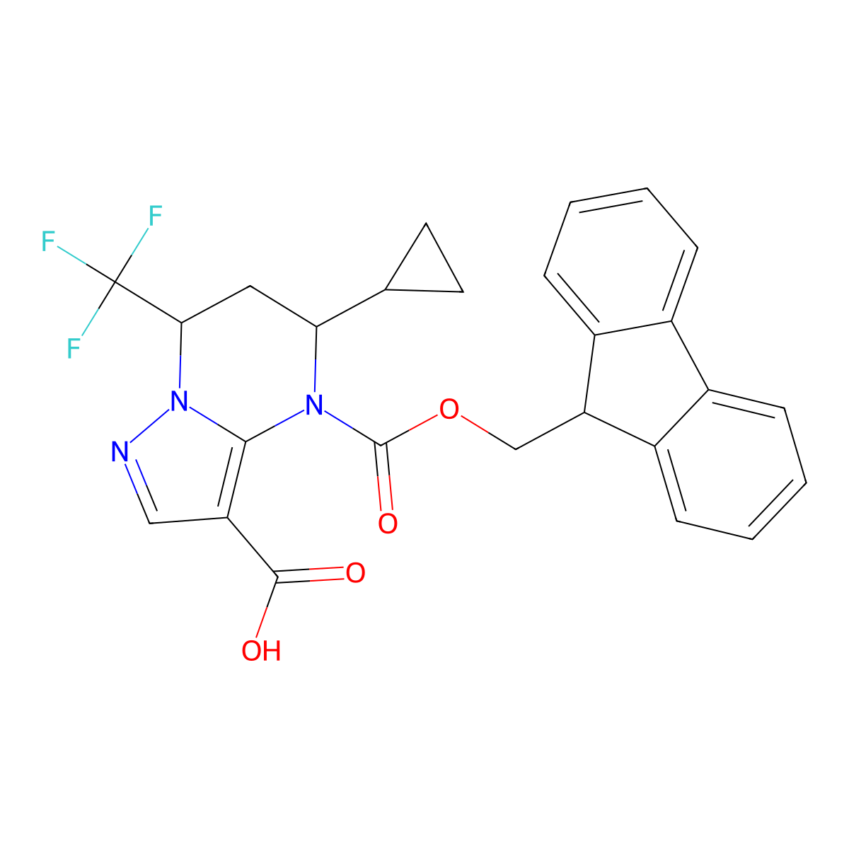 5-cyclopropyl-4-{[(9H-fluoren-9-yl)methoxy]carbonyl}-7-(trifluoromethyl)-4H,5H,6H,7H-pyrazolo[1,5-a]pyrimidine-3-carboxylic acid molecular structure, CAS 2680664-09-7