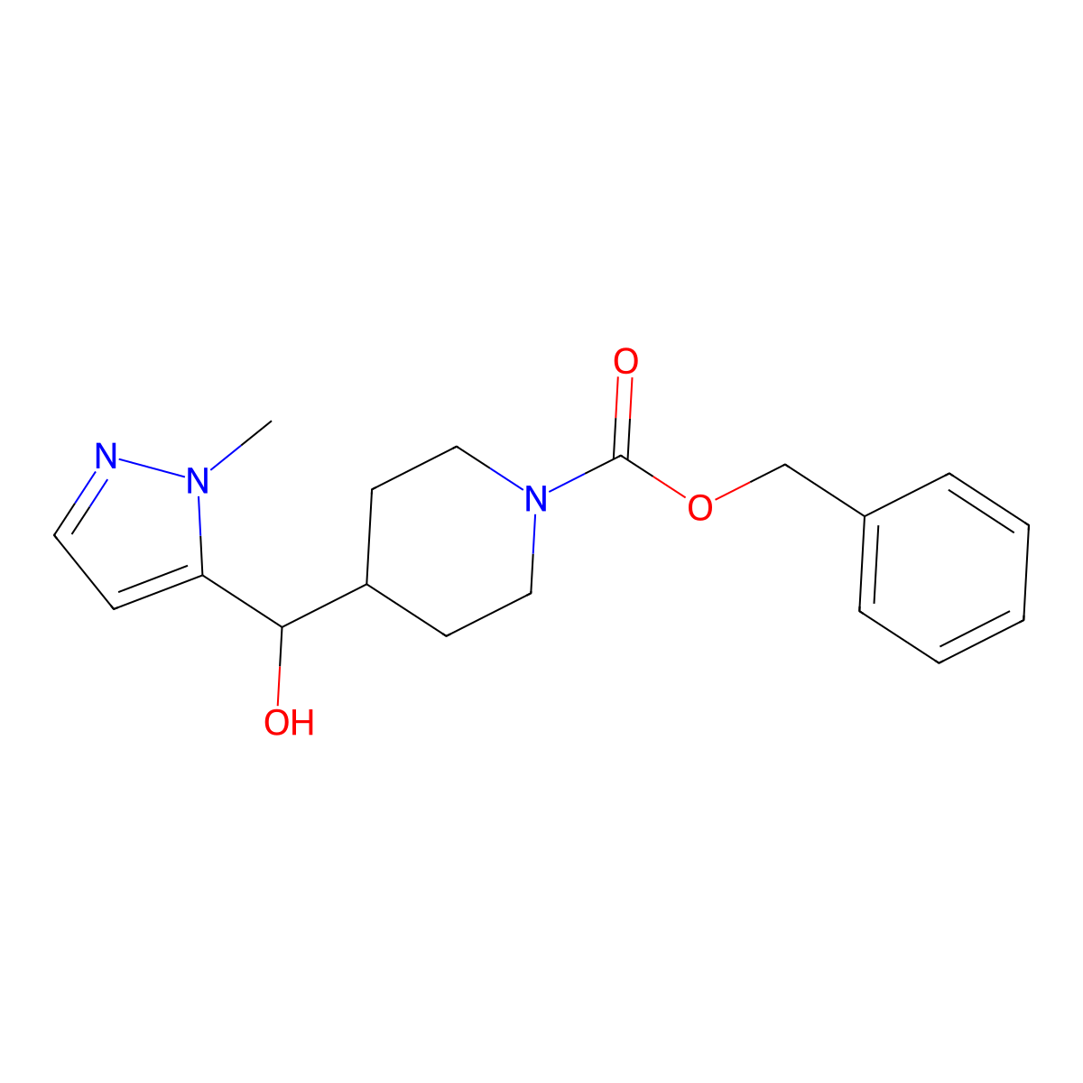 benzyl 4-[hydroxy(1-methyl-1H-pyrazol-5-yl)methyl]piperidine-1-carboxylate molecular structure, CAS 2680665-84-1