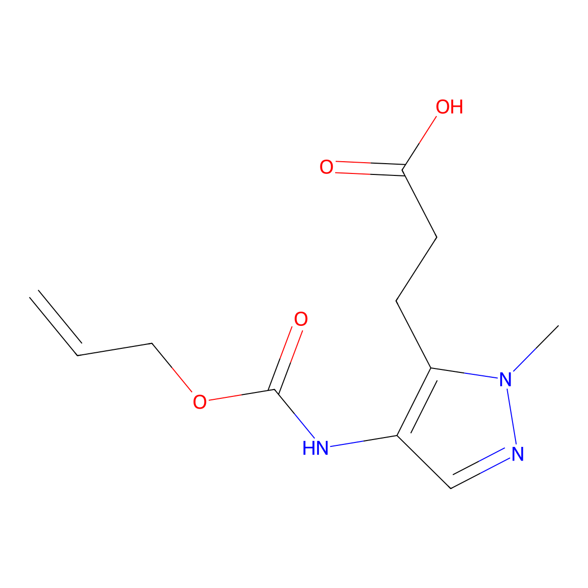 3-(1-methyl-4-{[(prop-2-en-1-yloxy)carbonyl]amino}-1H-pyrazol-5-yl)propanoic acid molecular structure, CAS 2680666-42-4