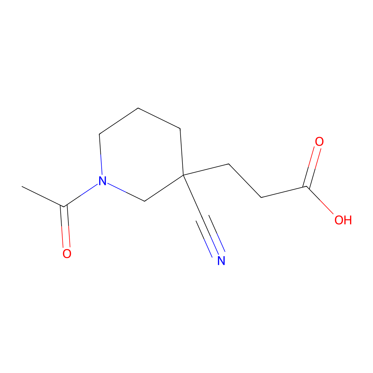 3-(1-Acetyl-3-cyanopiperidin-3-yl)propanoic acid molecular structure, CAS 2680666-52-6