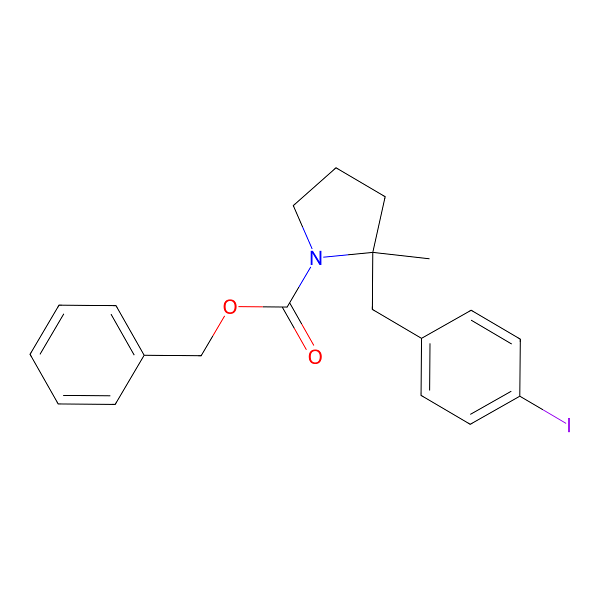 Benzyl 2-[(4-iodophenyl)methyl]-2-methylpyrrolidine-1-carboxylate molecular structure, CAS 2680667-19-8