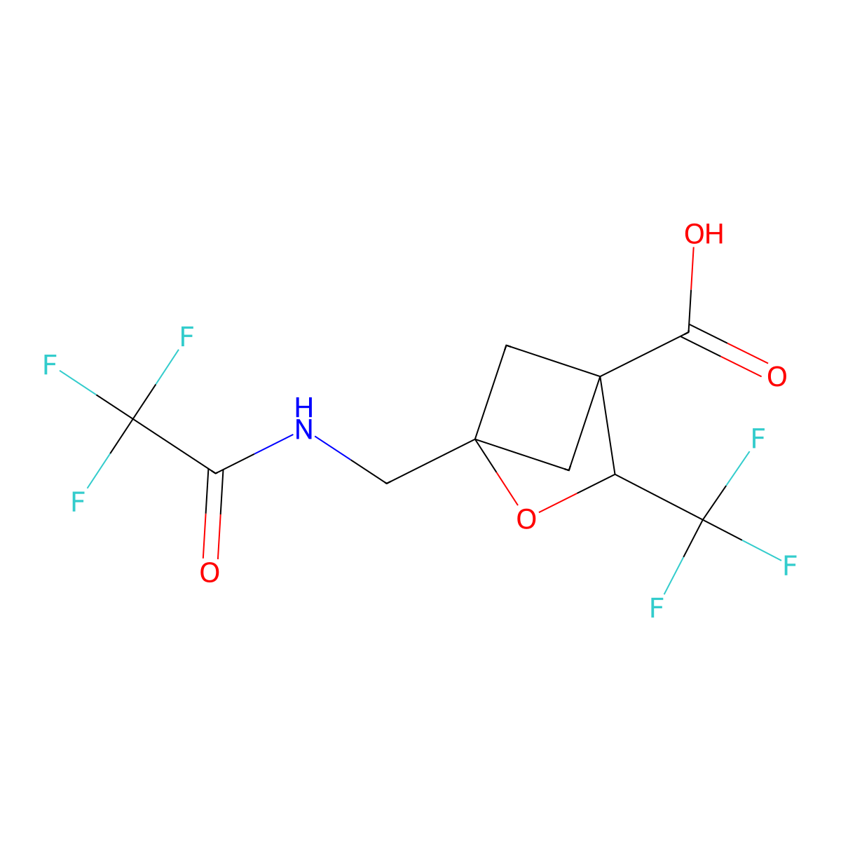 1-[(2,2,2-Trifluoroacetamido)methyl]-3-(trifluoromethyl)-2-oxabicyclo[2.1.1]hexane-4-carboxylic acid molecular structure, CAS 2680667-21-2