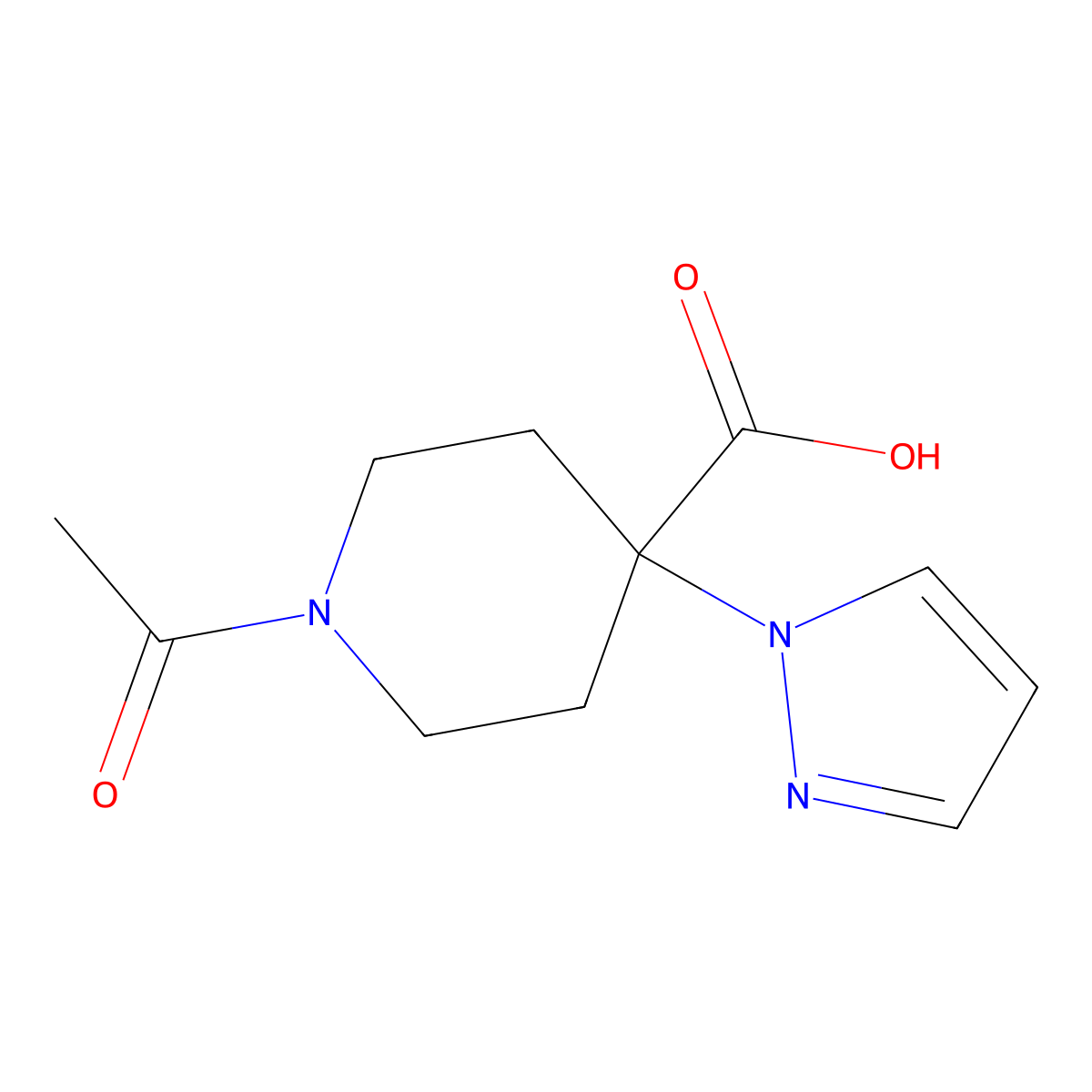 1-acetyl-4-(1H-pyrazol-1-yl)piperidine-4-carboxylic acid molecular structure, CAS 2680667-22-3