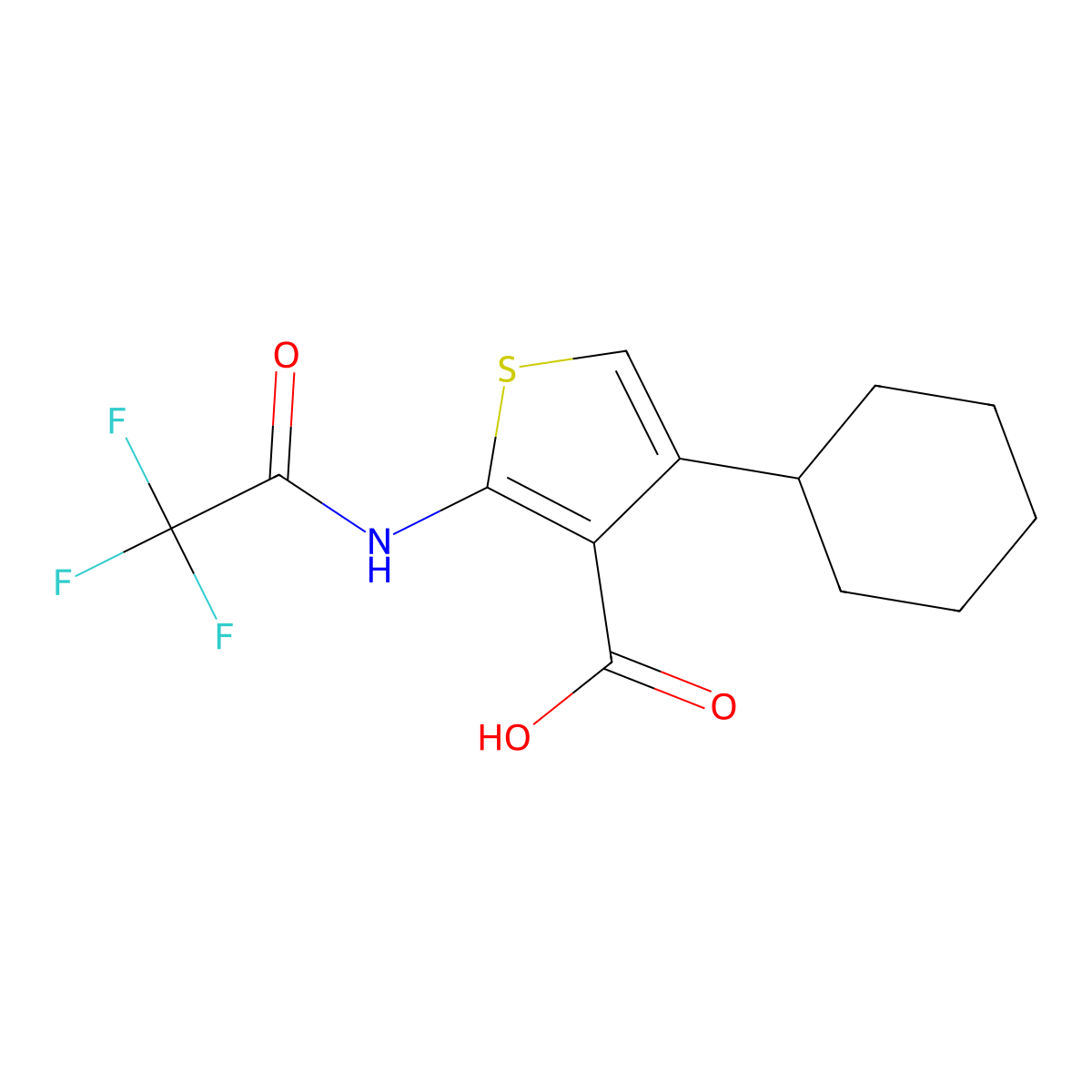 4-Cyclohexyl-2-(2,2,2-trifluoroacetamido)thiophene-3-carboxylic acid molecular structure, CAS 2680667-29-0
