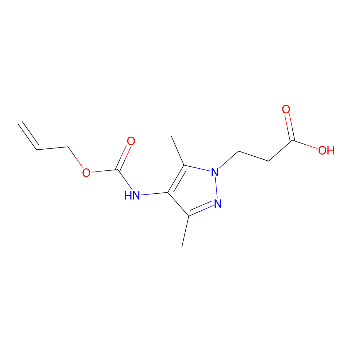3-(3,5-dimethyl-4-{[(prop-2-en-1-yloxy)carbonyl]amino}-1H-pyrazol-1-yl)propanoic acid molecular structure, CAS 2680667-40-5
