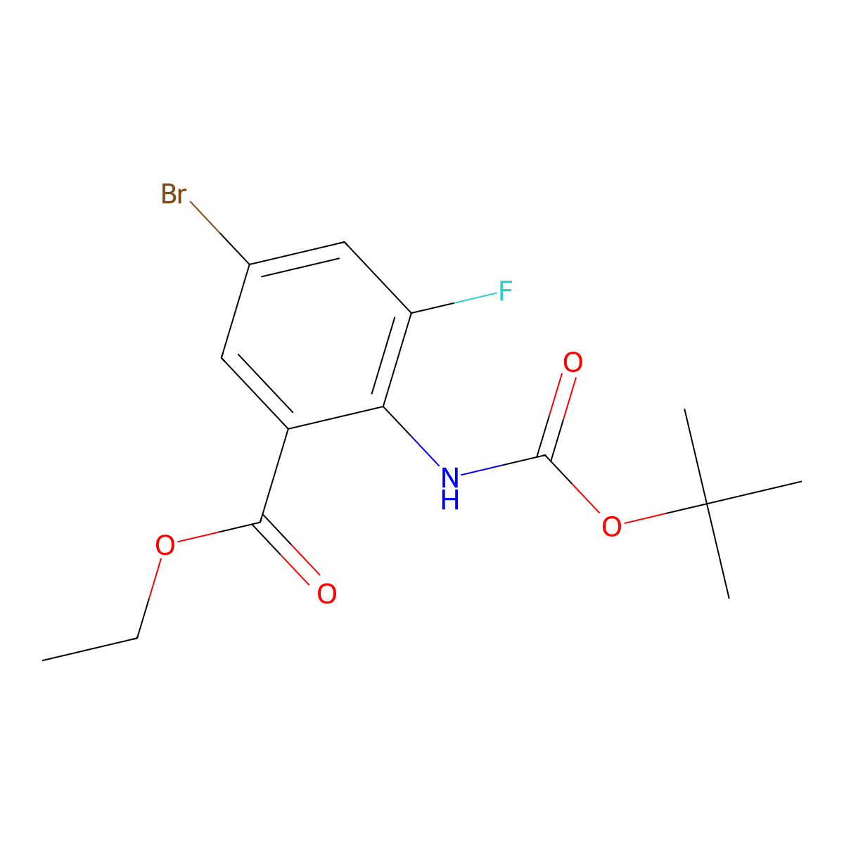 Ethyl 5-bromo-2-{[(tert-butoxy)carbonyl]amino}-3-fluorobenzoate molecular structure, CAS 2680667-52-9