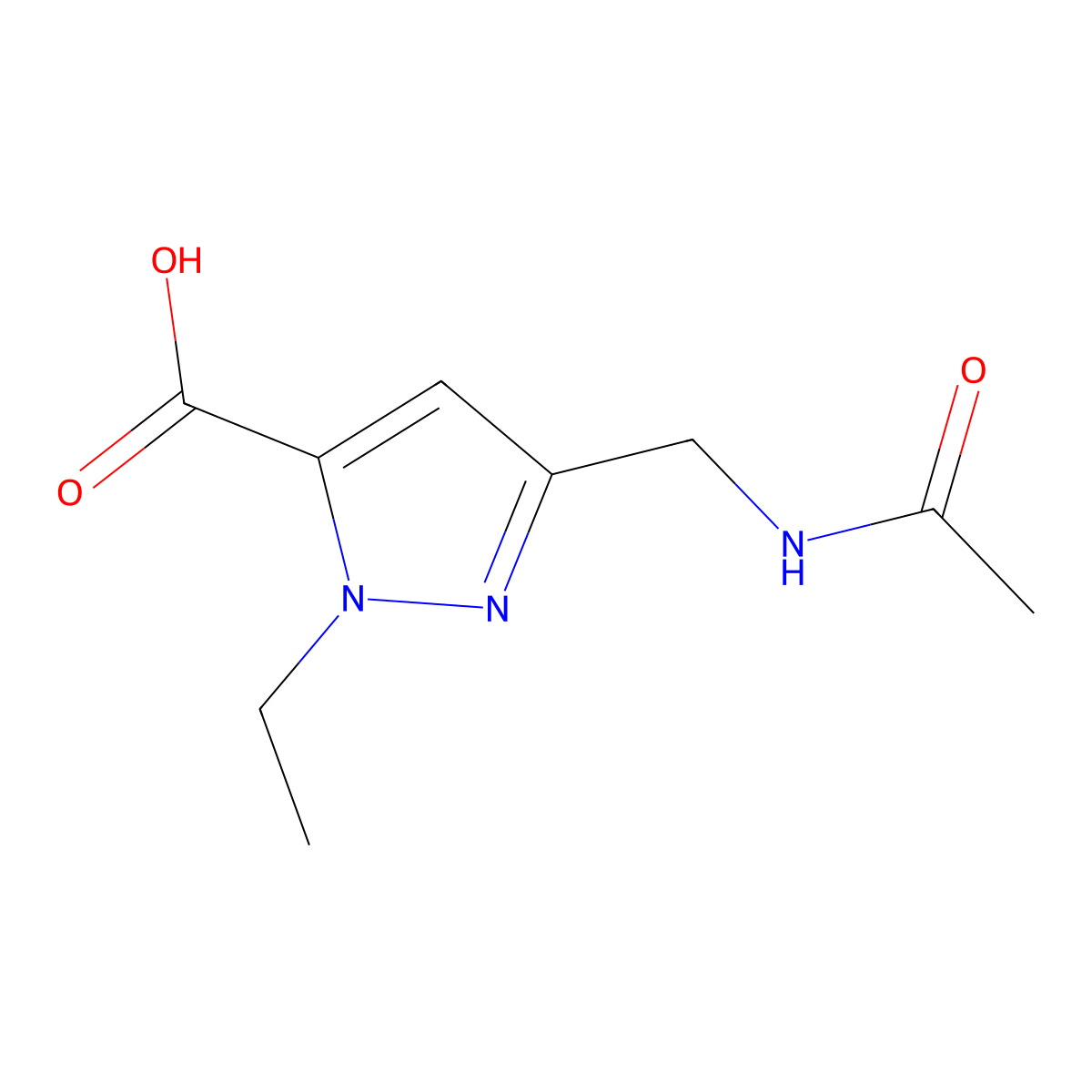 3-(acetamidomethyl)-1-ethyl-1H-pyrazole-5-carboxylic acid molecular structure, CAS 2680667-60-9