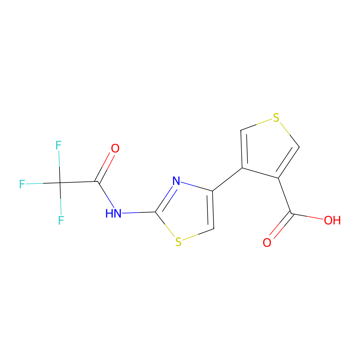 4-[2-(2,2,2-Trifluoroacetamido)-1,3-thiazol-4-yl]thiophene-3-carboxylic acid molecular structure, CAS 2680667-92-7
