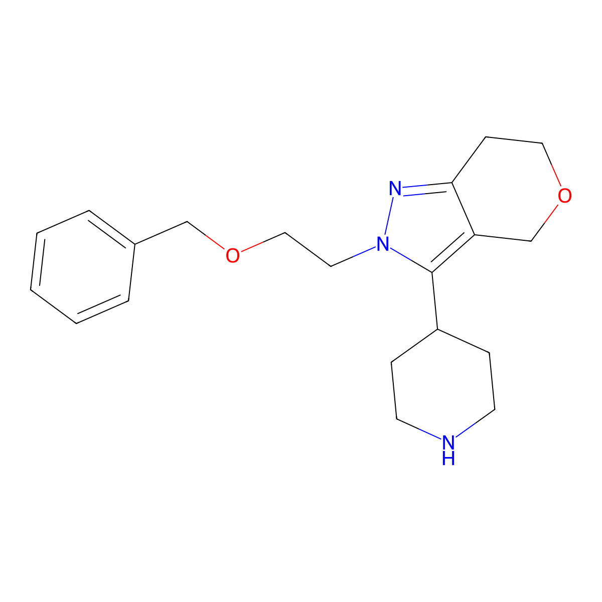4-{2-[2-(benzyloxy)ethyl]-2H,4H,6H,7H-pyrano[4,3-c]pyrazol-3-yl}piperidine molecular structure, CAS 2680668-03-3