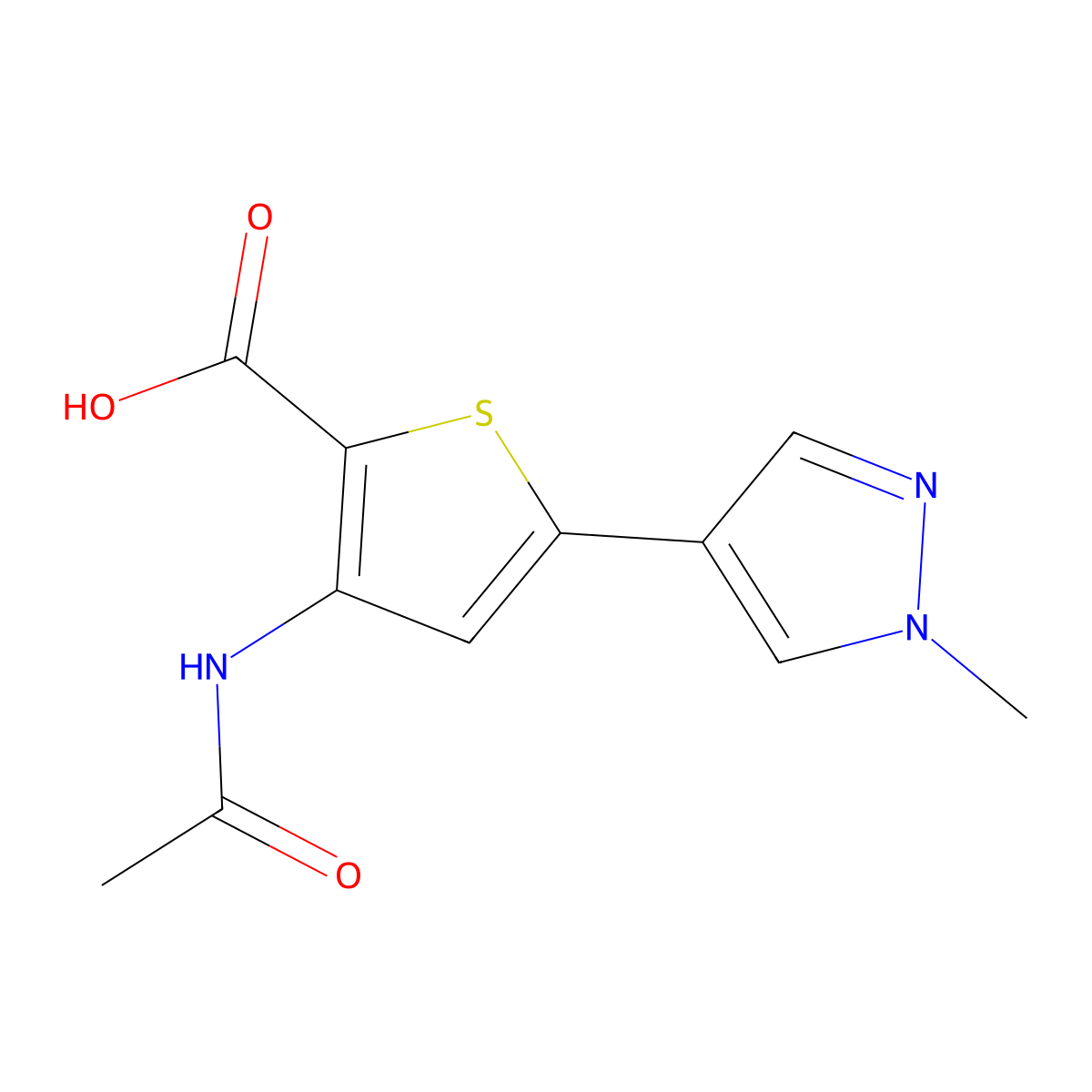 3-acetamido-5-(1-methyl-1H-pyrazol-4-yl)thiophene-2-carboxylic acid molecular structure, CAS 2680668-25-9