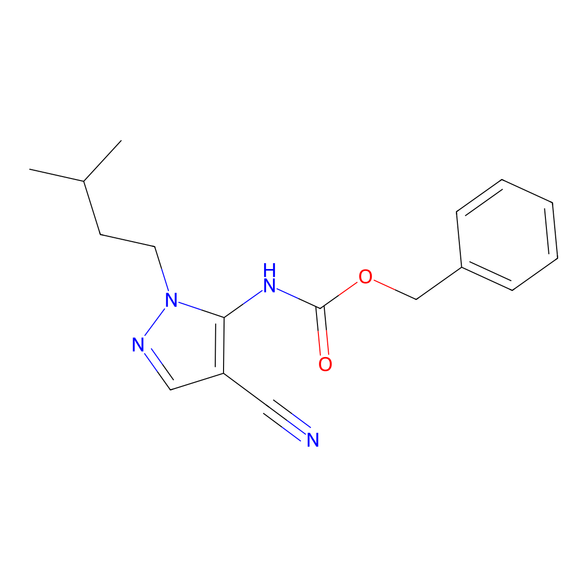 benzyl N-[4-cyano-1-(3-methylbutyl)-1H-pyrazol-5-yl]carbamate molecular structure, CAS 2680668-46-4