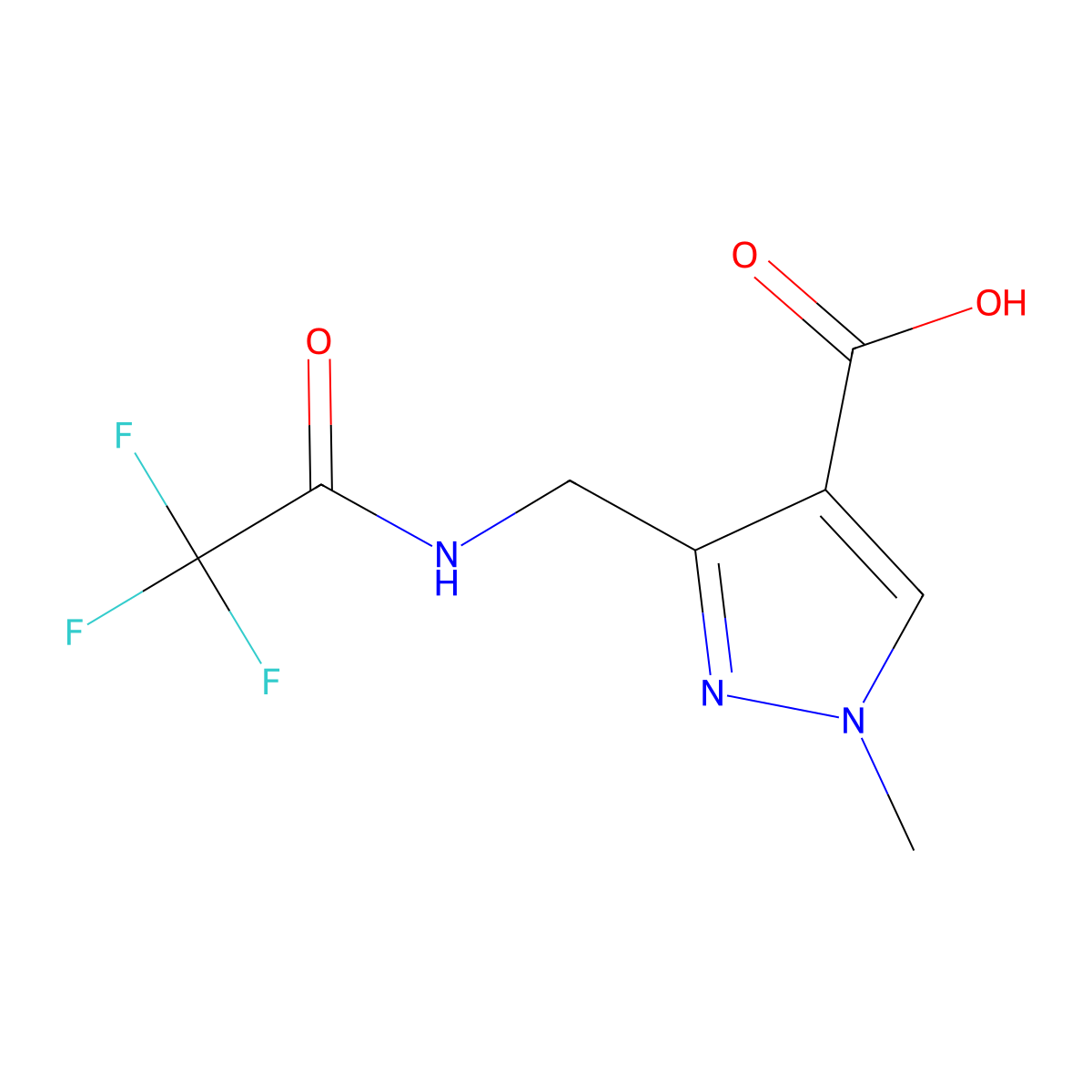1-methyl-3-[(trifluoroacetamido)methyl]-1H-pyrazole-4-carboxylic acid molecular structure, CAS 2680668-68-0