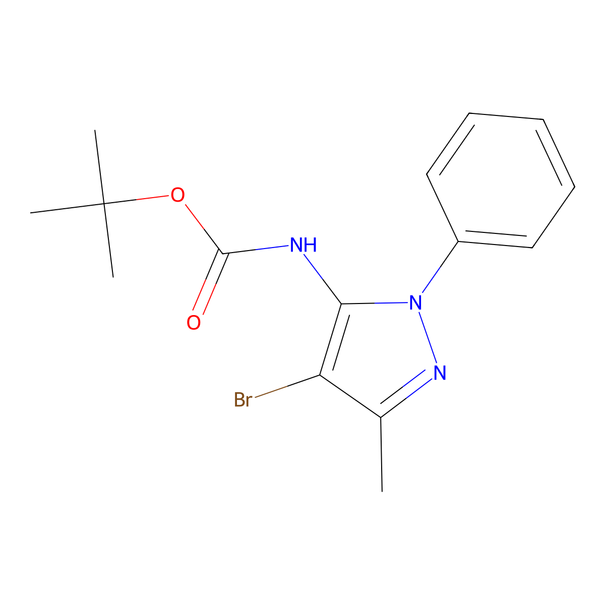 tert-butyl N-(4-bromo-3-methyl-1-phenyl-1H-pyrazol-5-yl)carbamate molecular structure, CAS 2680668-70-4