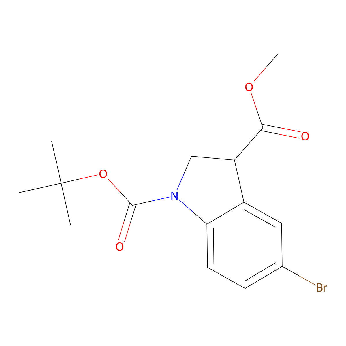 1-tert-butyl 3-methyl 5-bromo-2,3-dihydro-1H-indole-1,3-dicarboxylate molecular structure, CAS 2680669-36-5