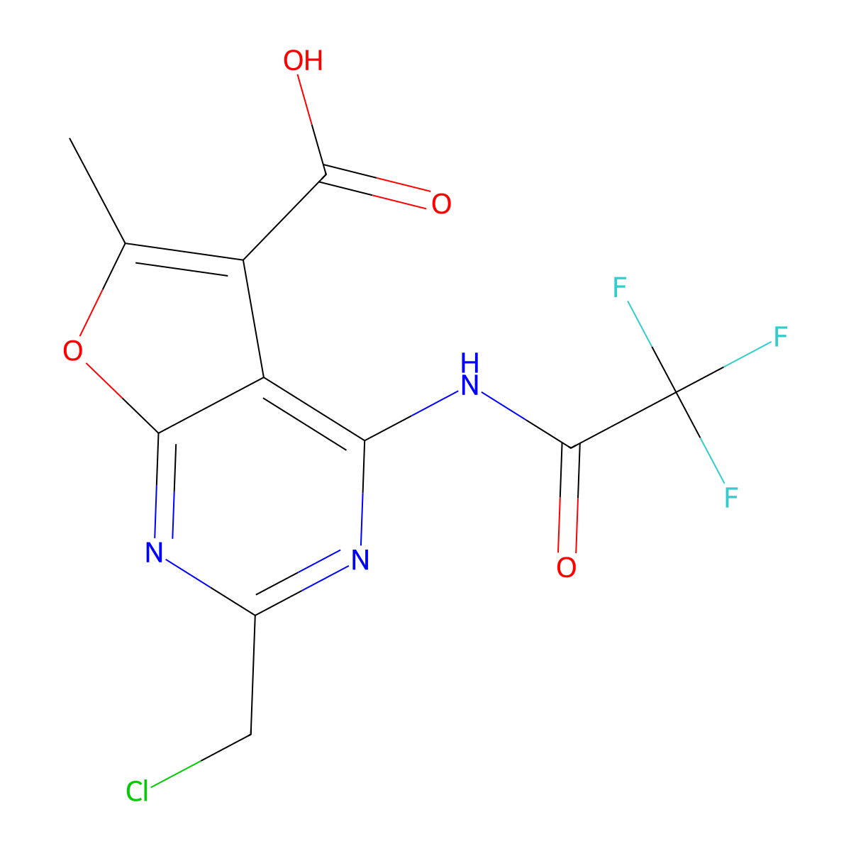 2-(Chloromethyl)-6-methyl-4-(2,2,2-trifluoroacetamido)furo[2,3-d]pyrimidine-5-carboxylic acid molecular structure, CAS 2680669-93-4