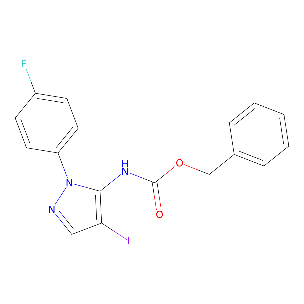 benzyl N-[1-(4-fluorophenyl)-4-iodo-1H-pyrazol-5-yl]carbamate molecular structure, CAS 2680670-05-5