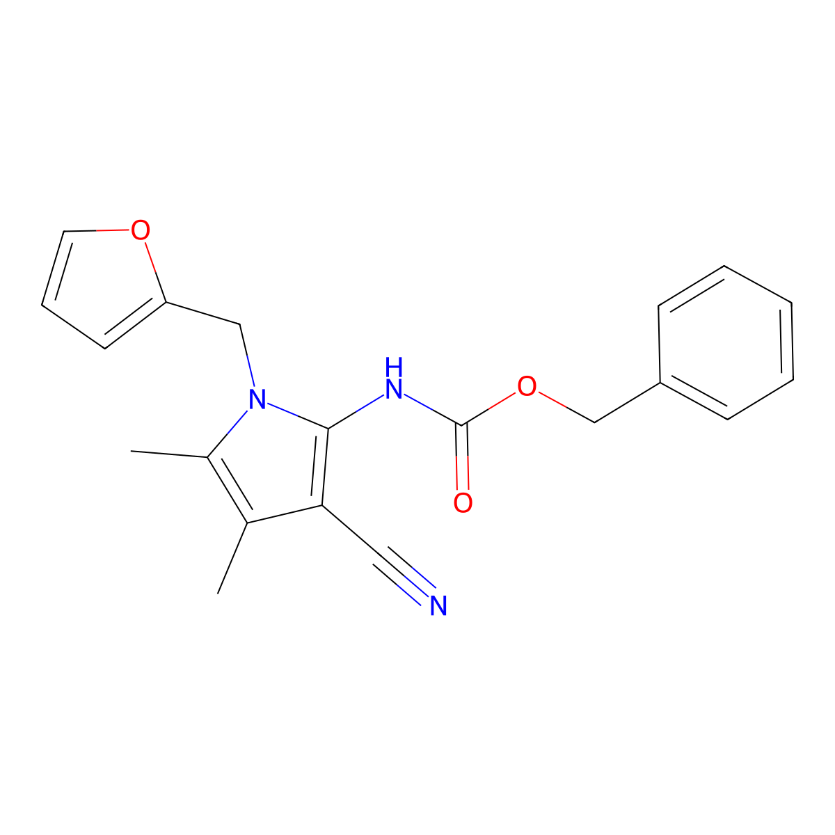 benzyl N-{3-cyano-1-[(furan-2-yl)methyl]-4,5-dimethyl-1H-pyrrol-2-yl}carbamate molecular structure, CAS 2680671-45-6