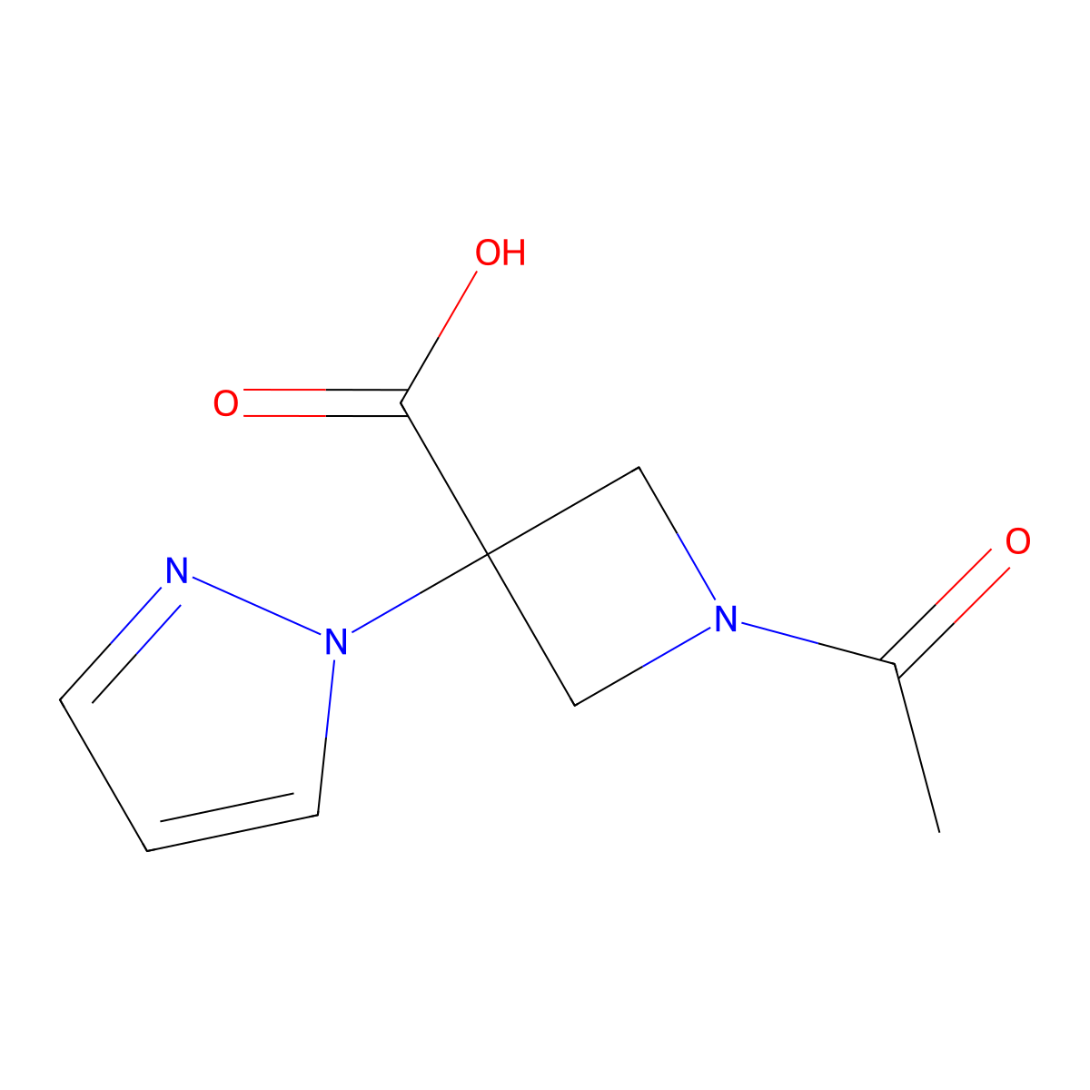 1-acetyl-3-(1H-pyrazol-1-yl)azetidine-3-carboxylic acid molecular structure, CAS 2680672-45-9