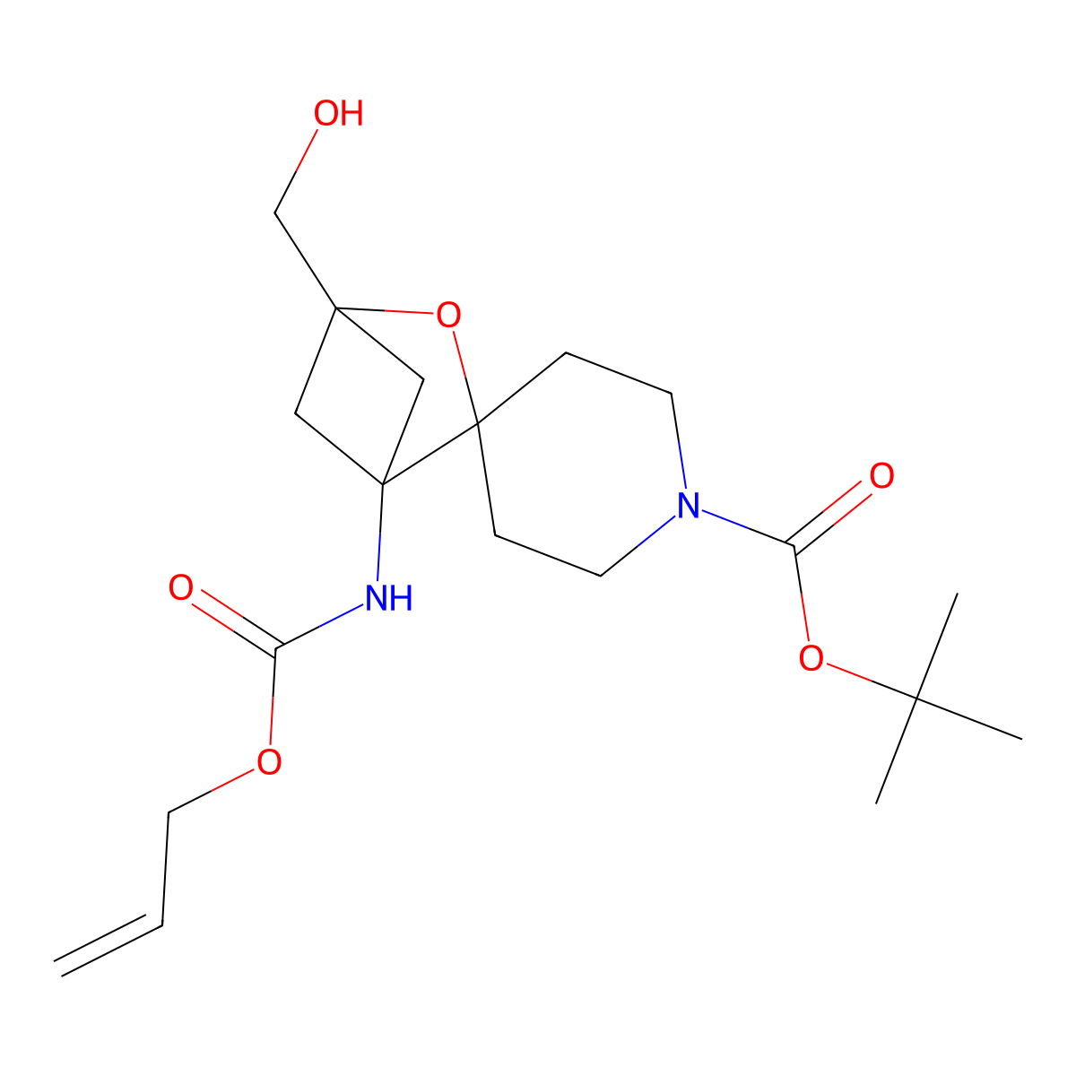 Tert-butyl 4-(hydroxymethyl)-1-{[(prop-2-en-1-yloxy)carbonyl]amino}-3-oxaspiro[bicyclo[2.1.1]hexane-2,4'-piperidine]-1'-carboxylate molecular structure, CAS 2680672-50-6