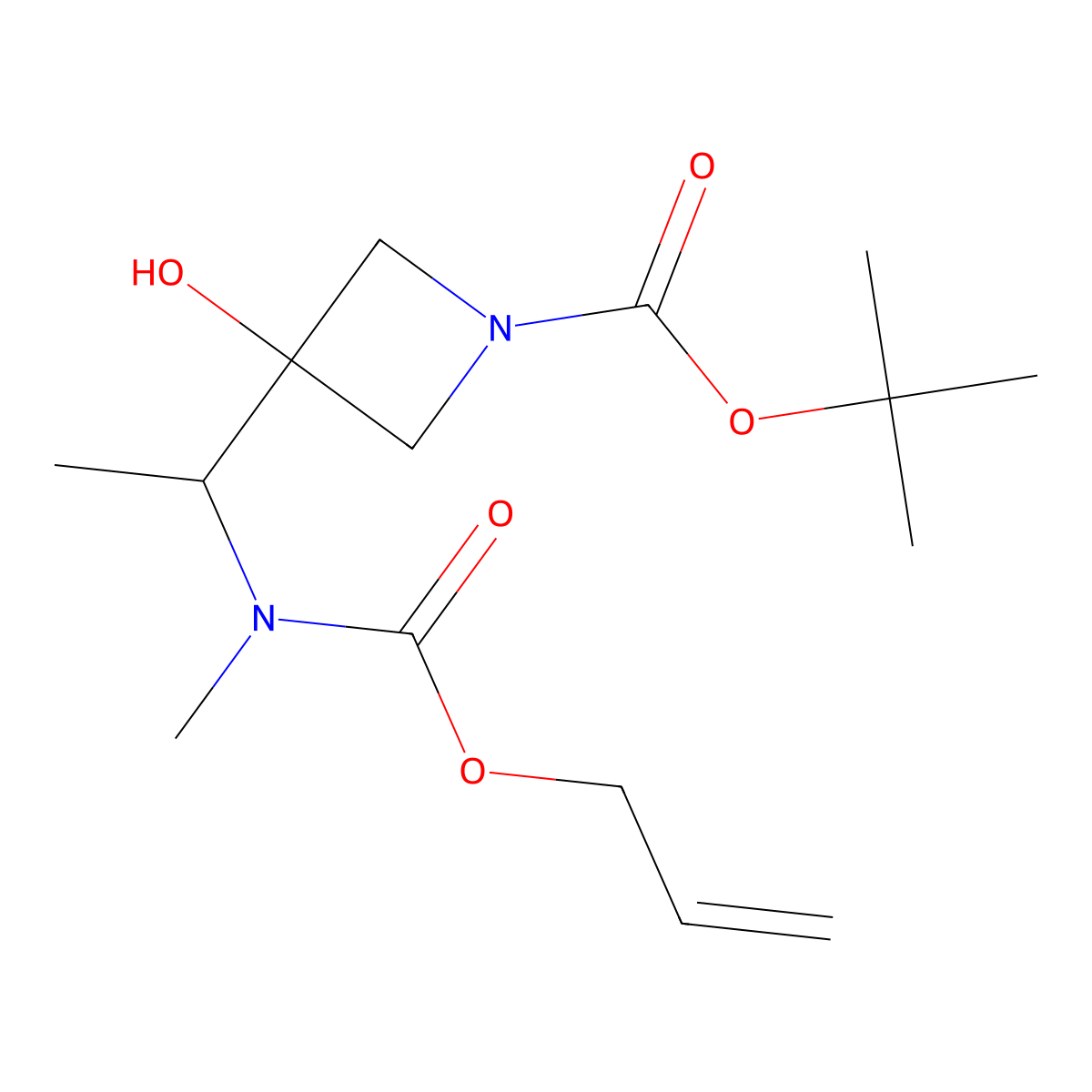 Tert-butyl 3-hydroxy-3-(1-{methyl[(prop-2-en-1-yloxy)carbonyl]amino}ethyl)azetidine-1-carboxylate molecular structure, CAS 2680672-56-2