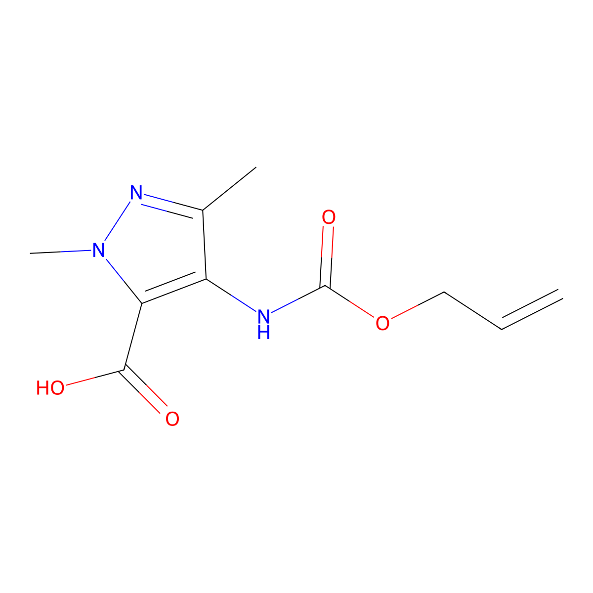 1,3-dimethyl-4-{[(prop-2-en-1-yloxy)carbonyl]amino}-1H-pyrazole-5-carboxylic acid molecular structure, CAS 2680672-59-5