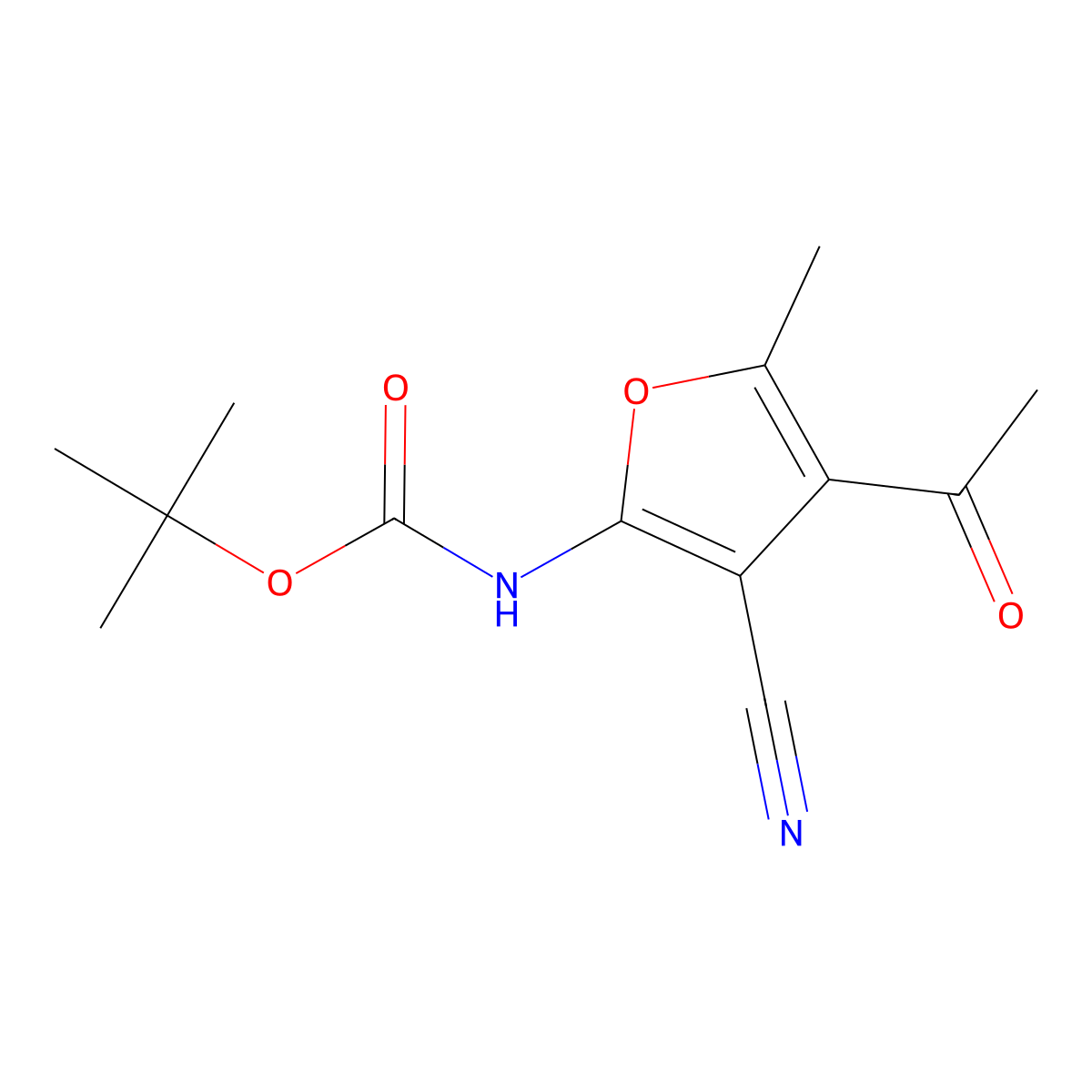 tert-butyl N-(4-acetyl-3-cyano-5-methylfuran-2-yl)carbamate molecular structure, CAS 2680673-08-7