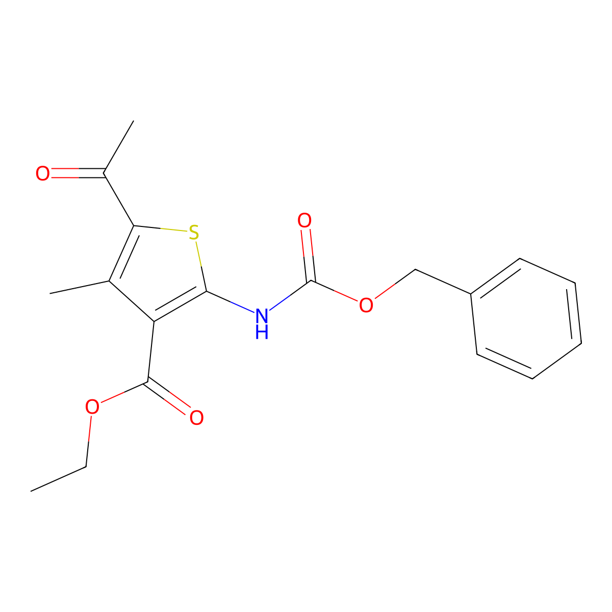 Ethyl 5-acetyl-2-{[(benzyloxy)carbonyl]amino}-4-methylthiophene-3-carboxylate molecular structure, CAS 2680673-39-4
