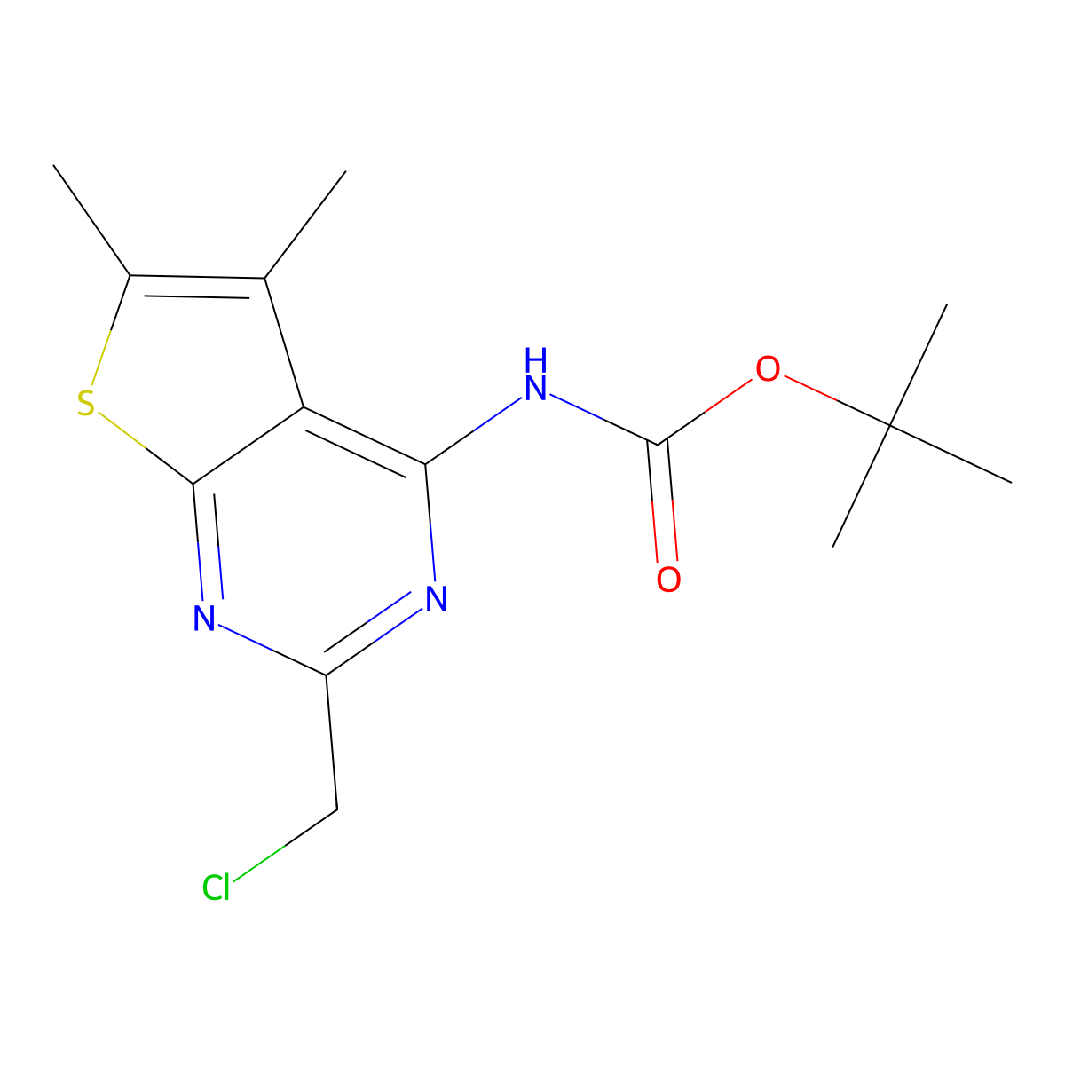 tert-butyl N-[2-(chloromethyl)-5,6-dimethylthieno[2,3-d]pyrimidin-4-yl]carbamate molecular structure, CAS 2680673-78-1