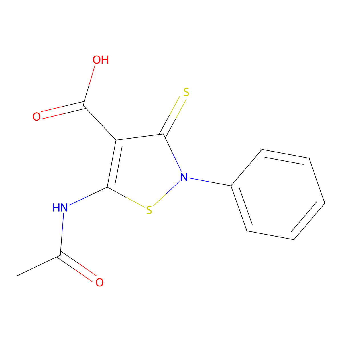 5-Acetamido-2-phenyl-3-sulfanylidene-2,3-dihydro-1,2-thiazole-4-carboxylic acid molecular structure, CAS 2680673-82-7
